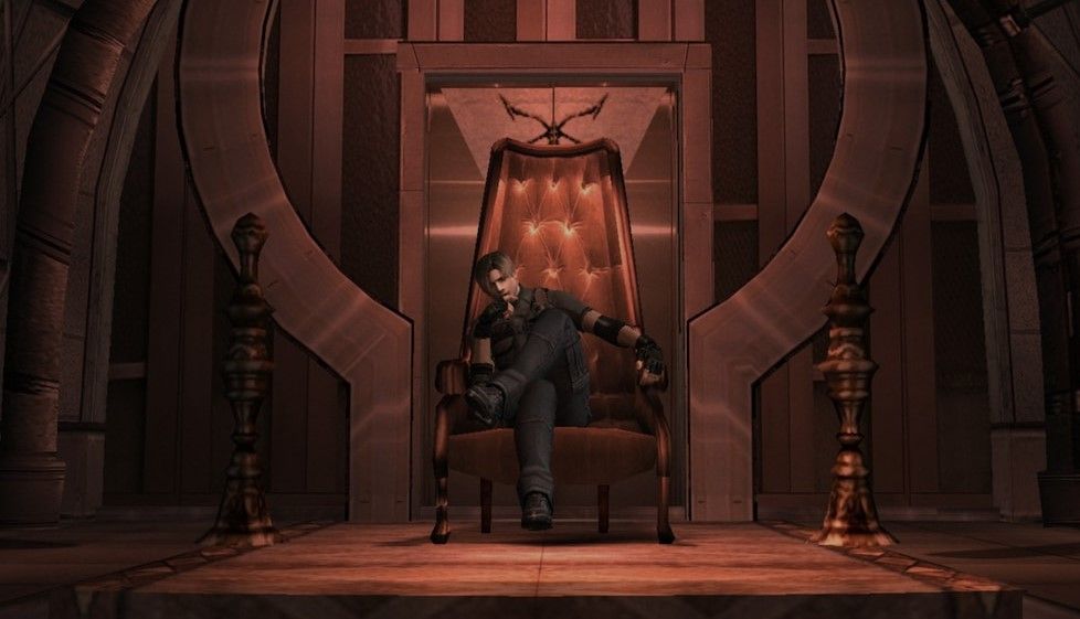 Leon sits on a throne in Resi 4.