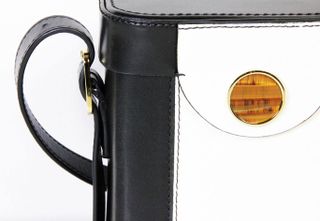 Close up view of white and black bag