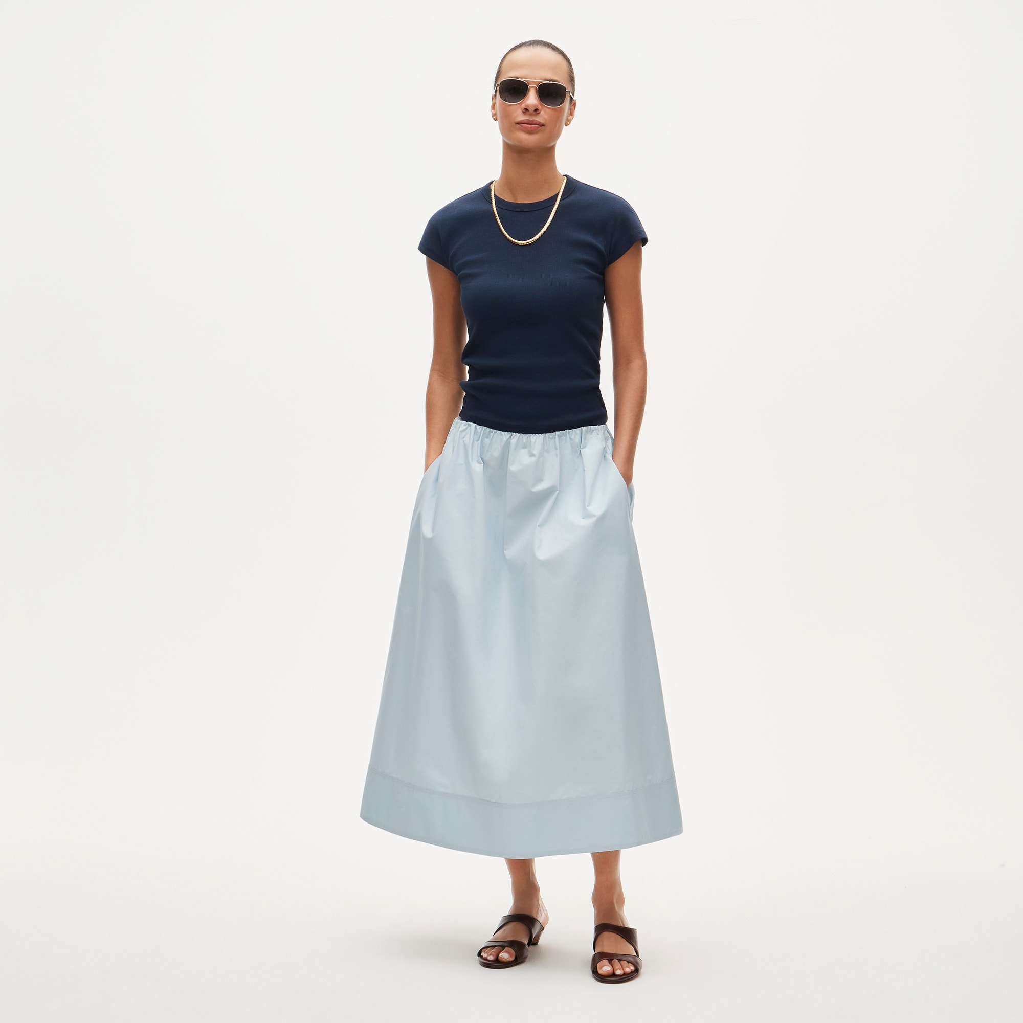J.Crew, Embroidered Pull-On Midi Skirt in Striped Cotton Poplin