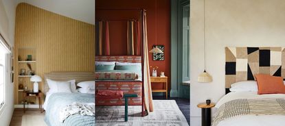 What colors make a bedroom feel warmer. Three examples, yellow, red and cream bedrooms.