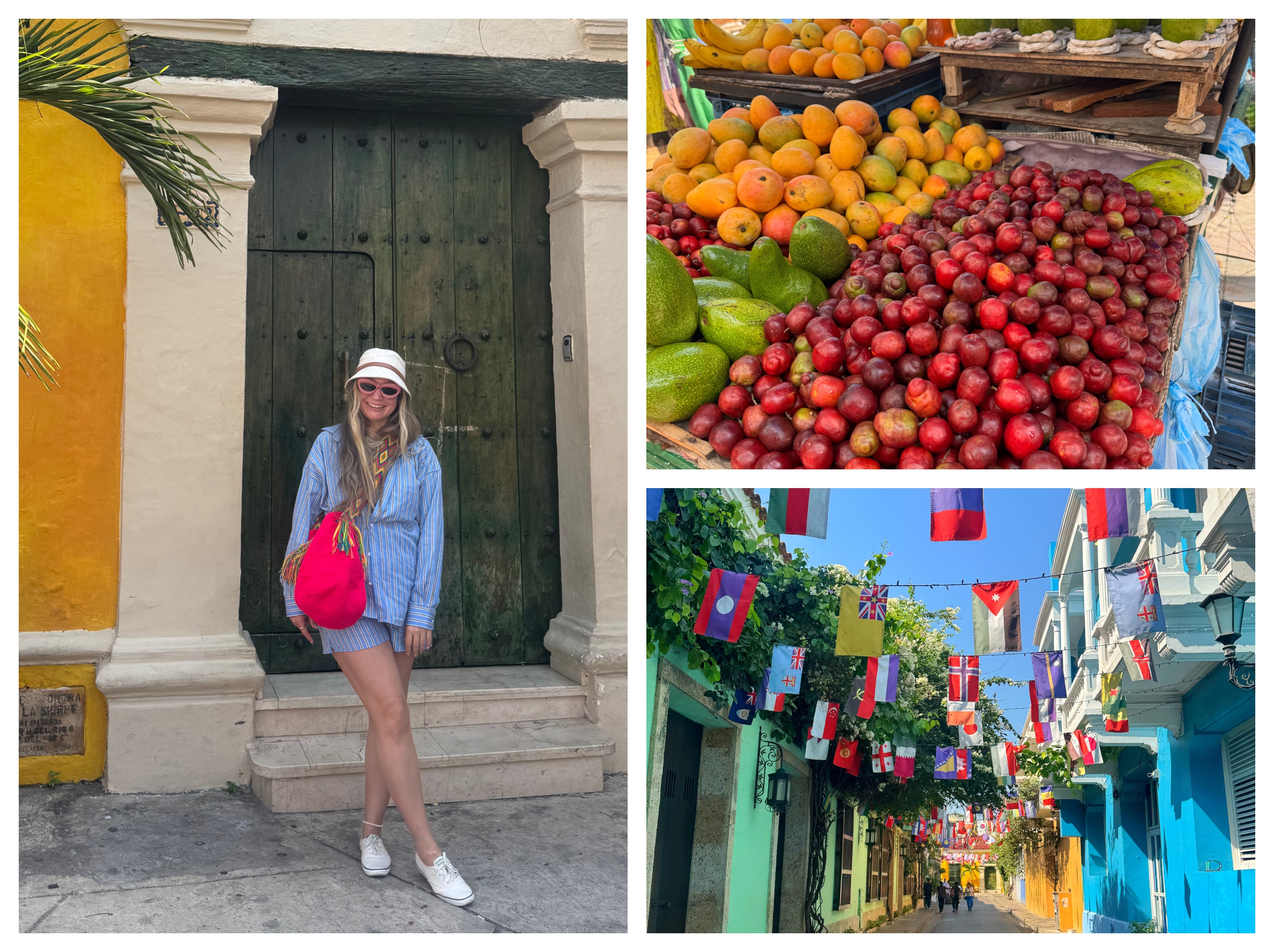 Writer Irina Grechko in a blue striped collared shirt and matching shorts, white Keds sneakers, and a hot pink woven traditional Colombian bag.