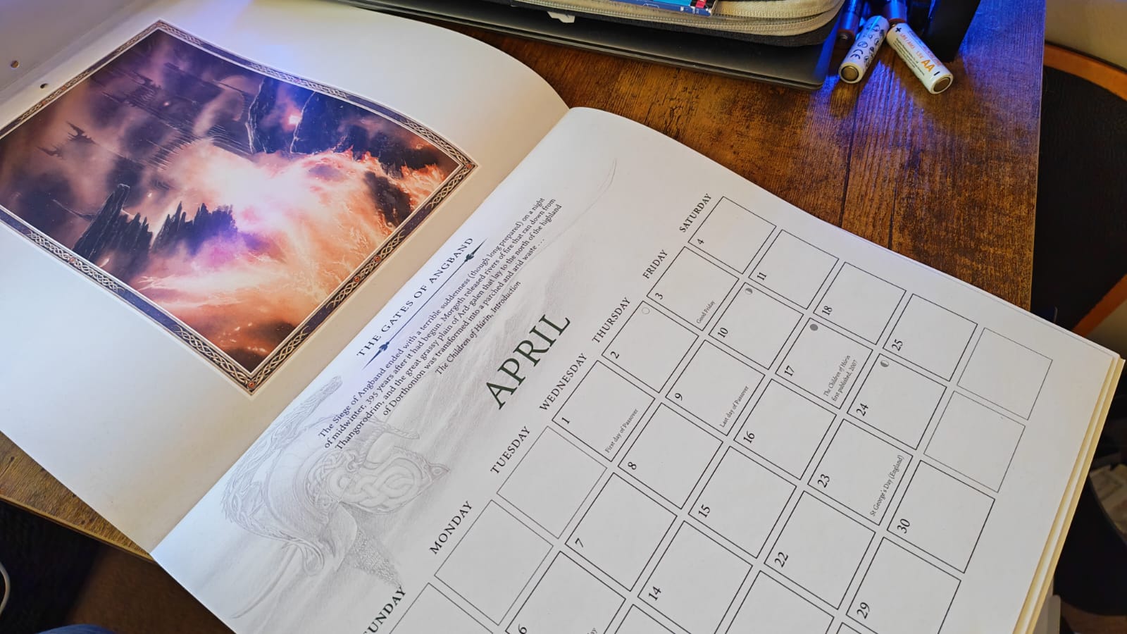 The April page spread in the Official Tolkien Calendar 2026