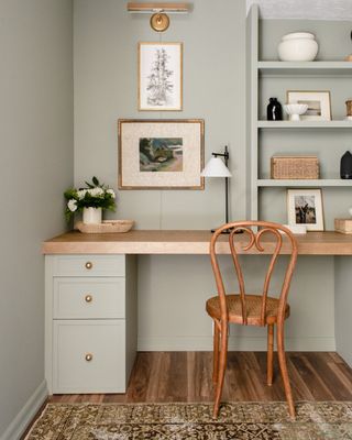 sage green home office with Ikea furniture Jyll Mackie