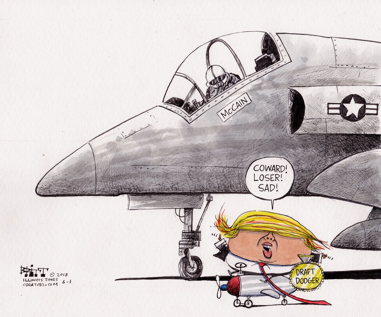 Political cartoon US Trump draft John McCain coward war hero