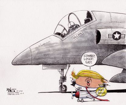 Political cartoon US Trump draft John McCain coward war hero