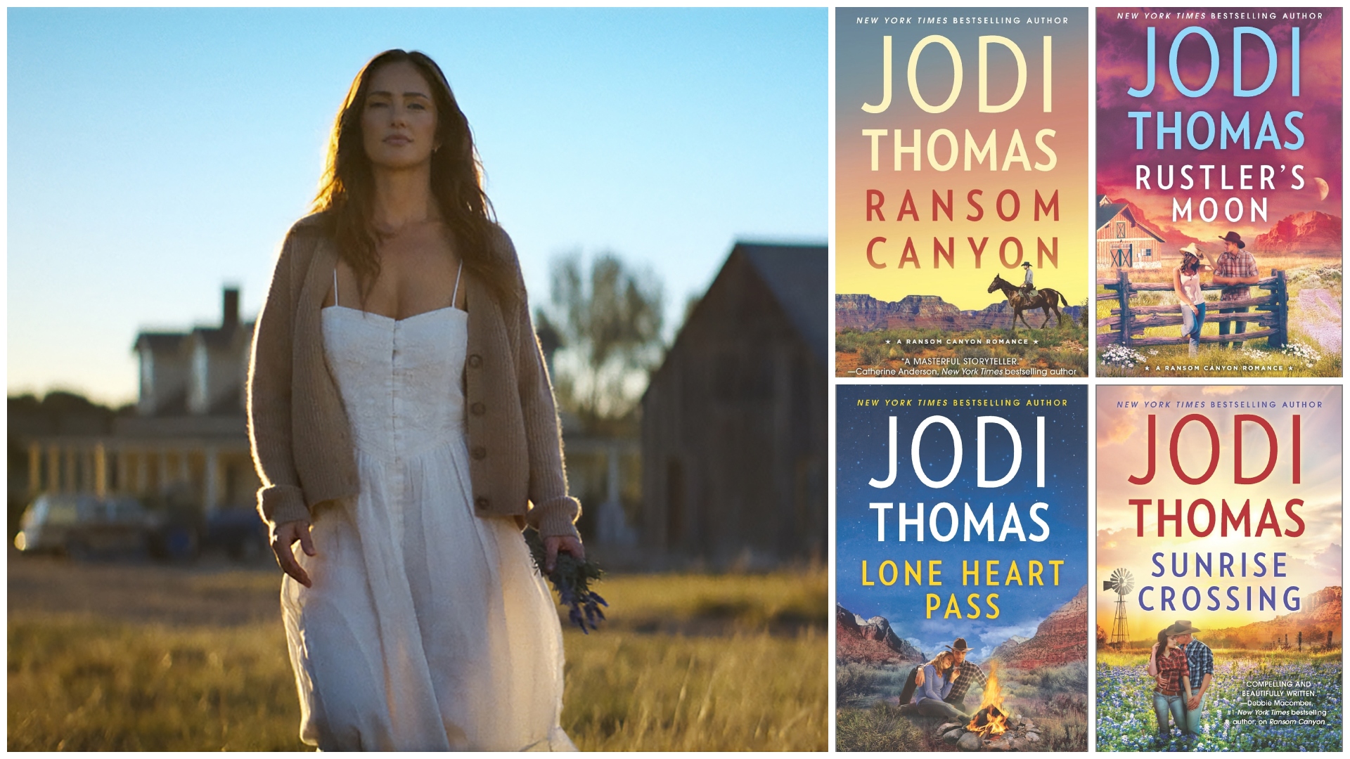 a split image of minka kelly as quinn wearing a white dress and walking through a field in the ransom canyon tv show and covers of books in the series