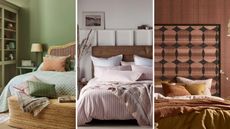 Three images of beds with luxurious linens