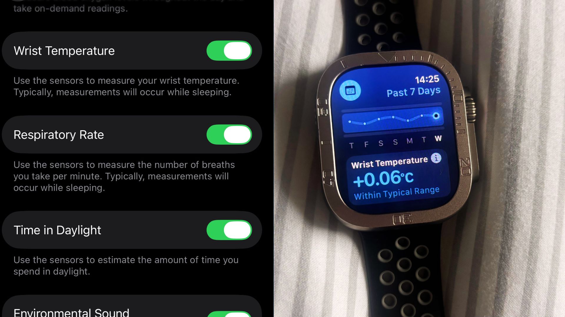 A screenshot of Wrist Temperature settings on an iPhone and Wrist Temperature data on the Apple Watch's Vitals app.