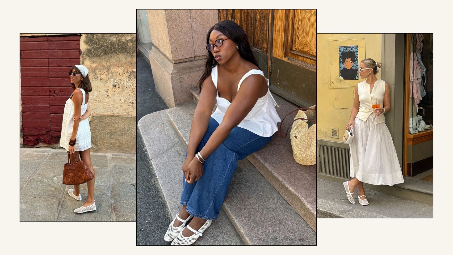 Influencers wear white means ballet flats with dresses, skirt and jeans.