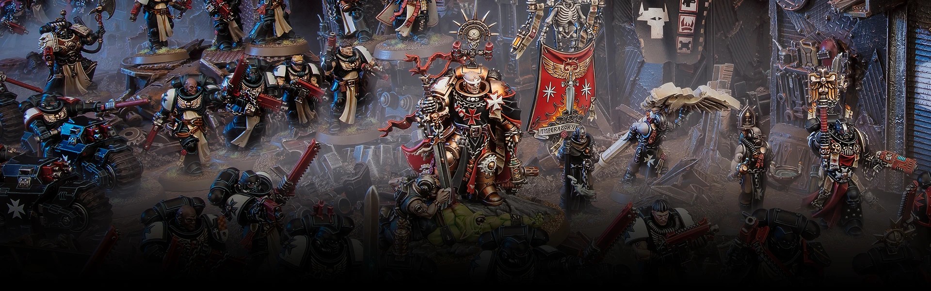 A group of Black Templars lined up against a rocky battlefield