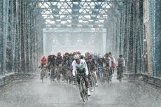 Picture by Alex BroadwaySWpixcom 02052019 Cycling 2019 Tour de Yorkshire Stage 1 Doncaster Selby Nicholas Dlamini of Team Dimension Data leads the Peloton at Boothferry Bridge which spans the Rover Ouse