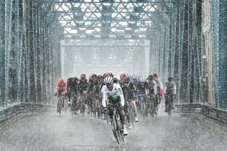 Picture by Alex BroadwaySWpixcom 02052019 Cycling 2019 Tour de Yorkshire Stage 1 Doncaster Selby Nicholas Dlamini of Team Dimension Data leads the Peloton at Boothferry Bridge which spans the Rover Ouse