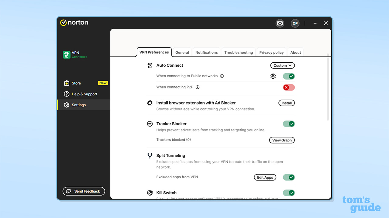 Screenshot of Norton VPN's app settings