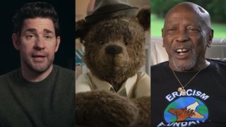 From left to right: John Kraskinski talking to a camera, Lewis the bear in IF and Louis Gossett Jr. talking during an itnerview on CBS Sunday Morning.