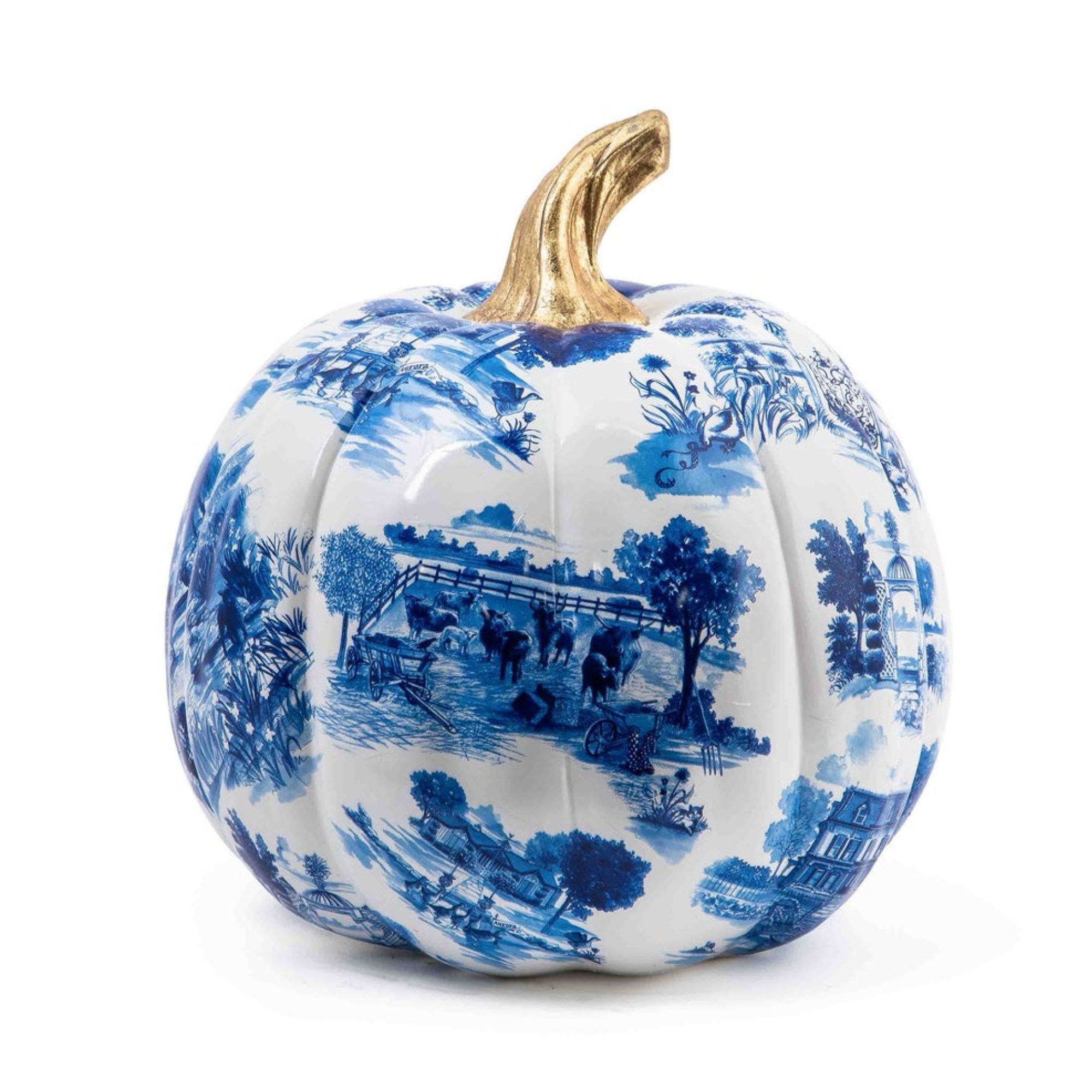 Large resin pumpkin with blue toile print and gold stem
