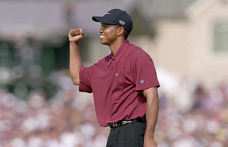 Tiger Woods celebrates winning the 2000 US Open