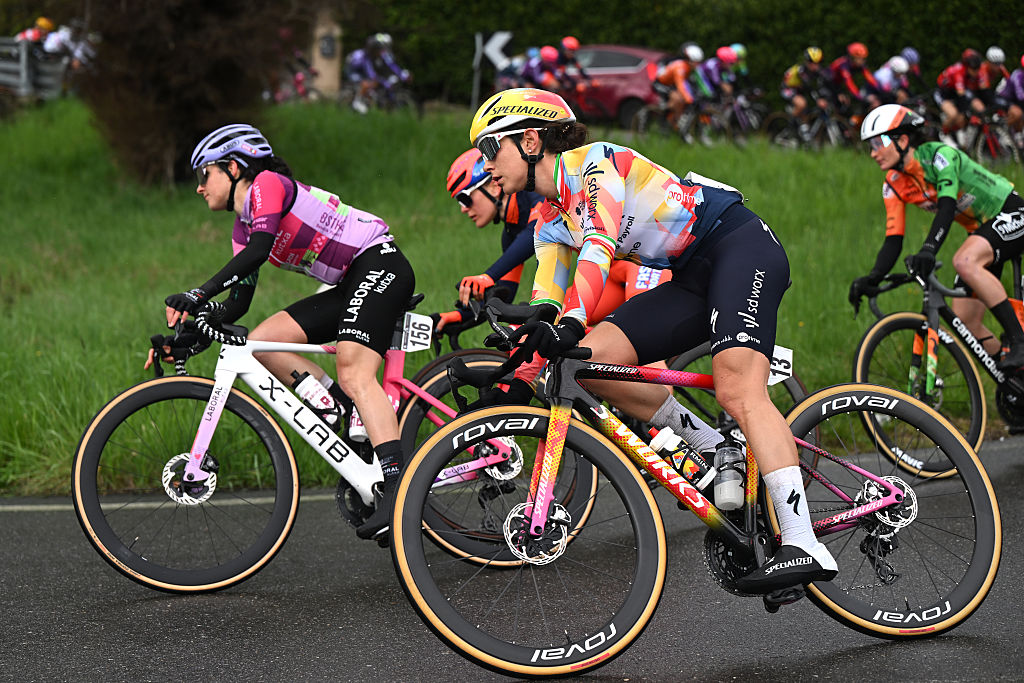 CITTIGLIO, ITALY - MARCH 15: (L-R) Debora Silvestri of Italy and Team Laboral Kutxa - Fundacion Euskadi and Elena Cecchini of Italy and Team SD Worx - Protime compete during the 27th Trofeo Alfredo Binda - Comune di Cittiglio 2026 a 152.7km one dat race from Luino to Cittiglio / #UCIWWT / on March 15, 2026 in Cittiglio, Italy.Luino, Italy. (Photo by Luc Claessen/Getty Images)