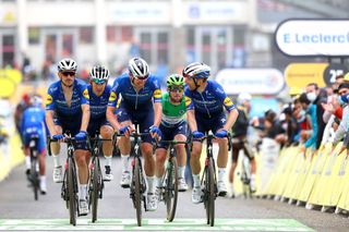 LUZ ARDIDEN FRANCE JULY 15 Michael Mrkv of Denmark Tim Declercq of Belgium Dries Devenyns of Belgium Davide Ballerini of Italy Mark Cavendish of The United Kingdom and Team Deceuninck QuickStep Green Points Jersey at arrival during the 108th Tour de France 2021 Stage 18 a 1297km stage from Pau to Luz Ardiden 1715m LeTour TDF2021 on July 15 2021 in Luz Ardiden France Photo by Michael SteeleGetty Images