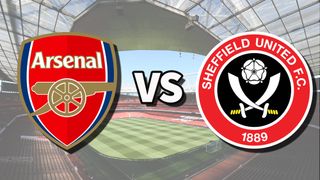 The Arsenal and Sheffield United club badges on top of a photo of Emirates Stadium in London, England