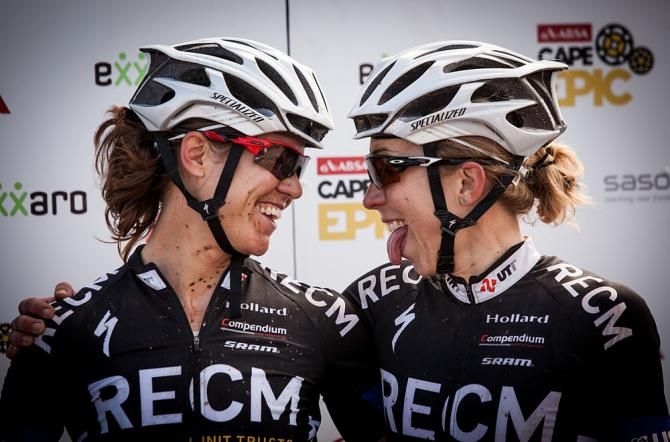Ariane Kleinhans (L) and Annika Langvad (R) celebrate after winning stage 4