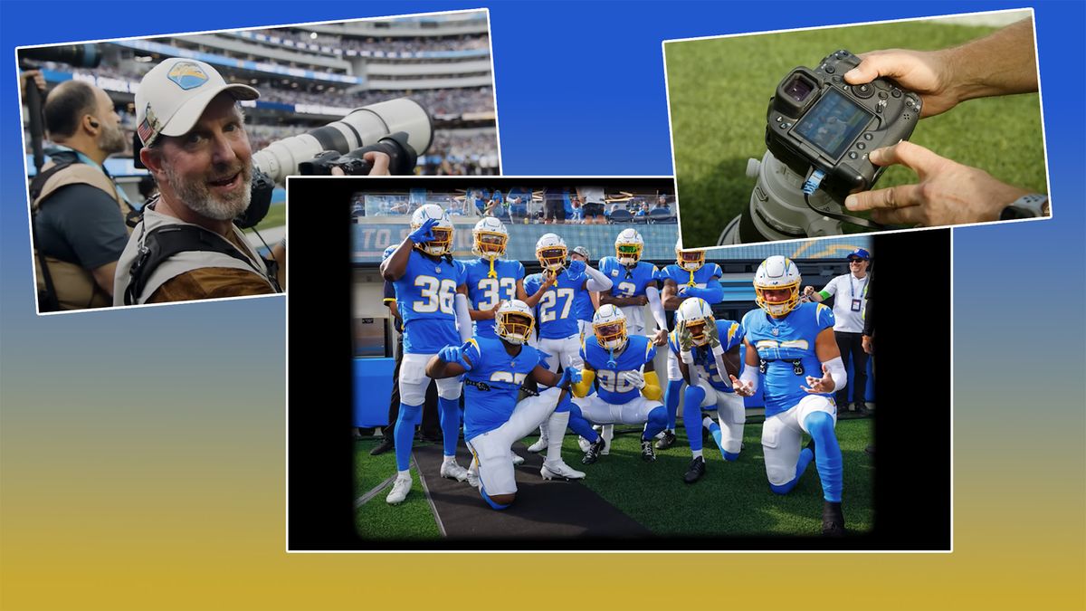 Stills from LA Chargers YouTube video about a day in the life of team photographer Mike Nowak, with inset team photo, image of Canon camera being handled and image of Mike talking to the camera 