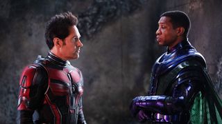 (L to R) Paul Rudd as Scott Lang/Ant-Man and Jonathan Majors as Kang the Conqueror in Ant-Man and The Wasp: Quantumania