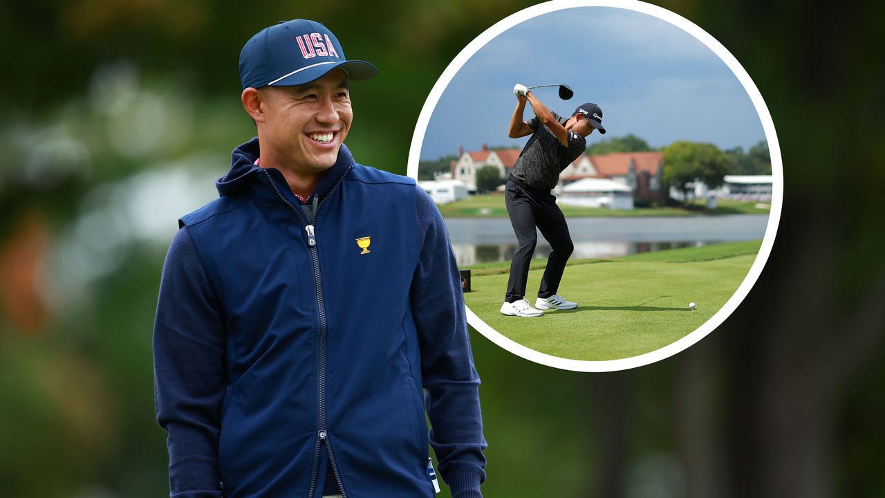 Collin Morikawa in his Team USA President&#039;s Cup clothing appearing to be looking at an inset image of himself hitting a soft fade with driver off the tee