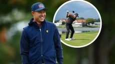 Collin Morikawa in his Team USA President's Cup clothing appearing to be looking at an inset image of himself hitting a soft fade with driver off the tee