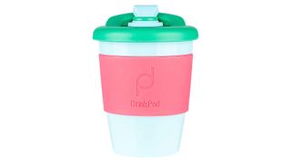 pink and green DrinkPod Reusable Coffee Cup, one of w&h's best coffee travel mugs