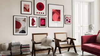 pink gallery wall in living room