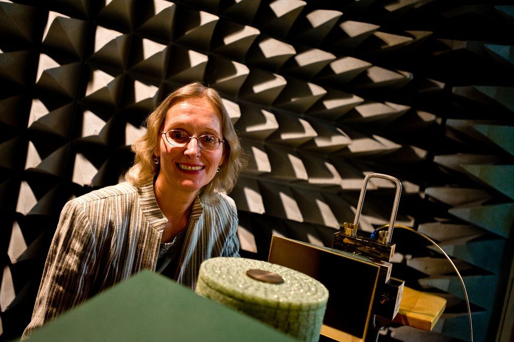 This is E. Semouchkina&#039;s photo, where she is testing a microwave dielectric cloak in an anechoic chamber.