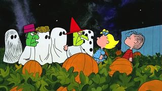 Trick or treaters, Sally Brown and Linus in It's the Great Pumpkin Charlie Brown