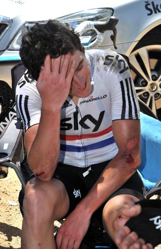 Geraint Thomas at finish after crash, Tour Down Under 2011, stage two