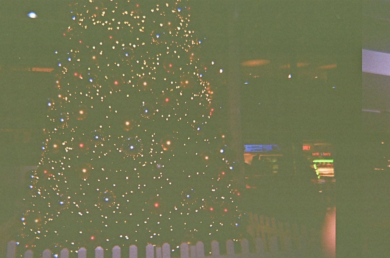 A photo of a Christmas tree taken on a Novocolor Swiss+Go 35mm film camera