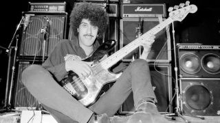 Phil Lynott of Thin Lizzy during a recording session for the groups new album. Picture taken 27th September 1982.