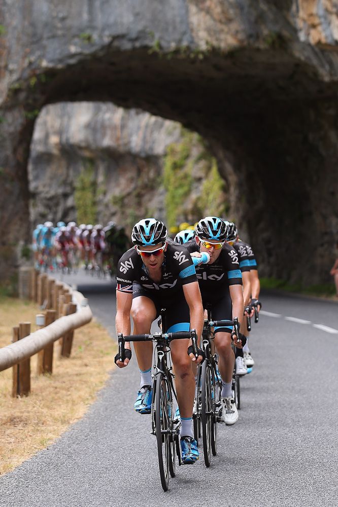 Team Sky lead the peloton during stage 14.