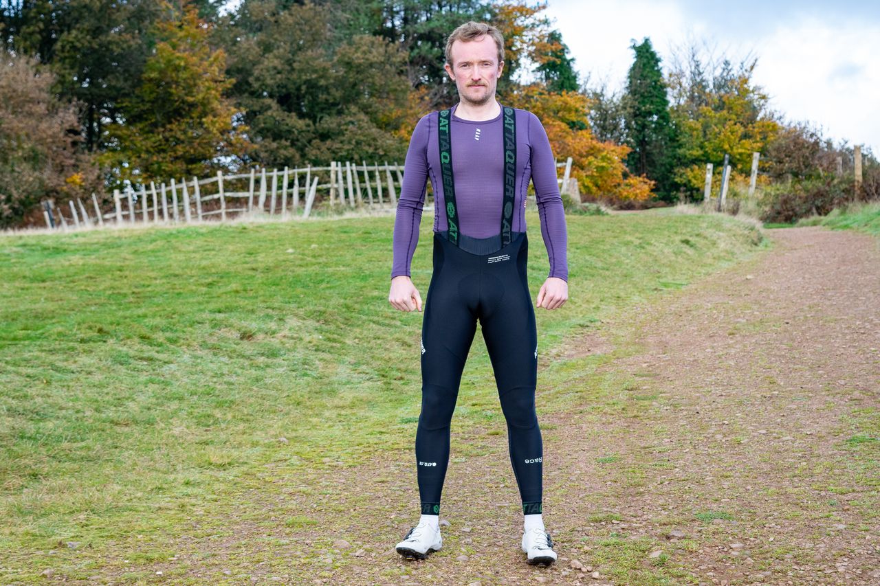 A cyclist wearing a pair of Attauer Race bibtights