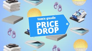 A collage of sleep products for students going back to school on a blue/green gradient background including a grey Siena mattress, mattress vacuum, cooling pillow, sunrise alarm clock and purple Loop earplugs. Tom's Guide price drop logo in centre.