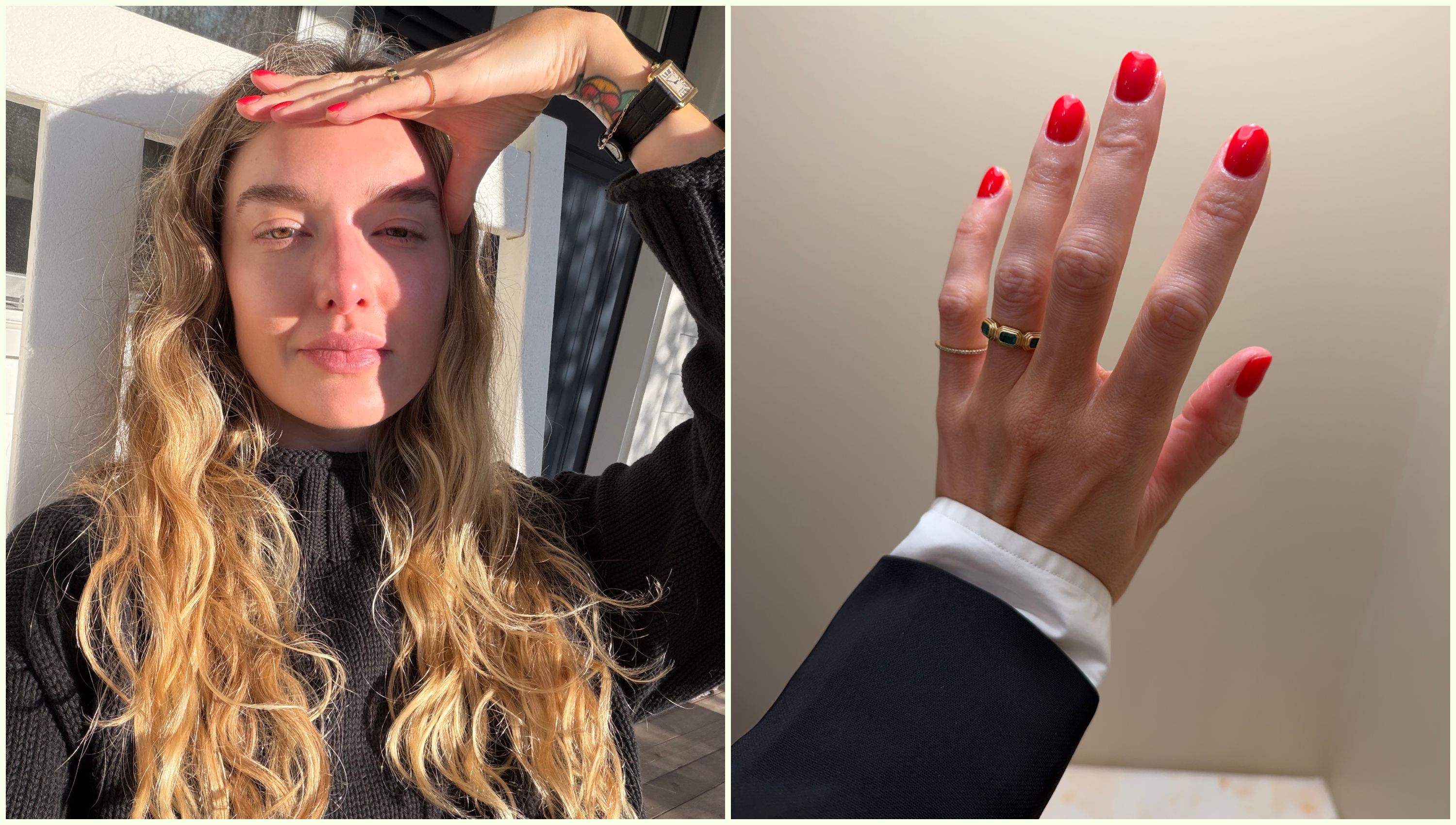 red nails for short summer manicures in a grid pattern with a woman with blonde wavy hair