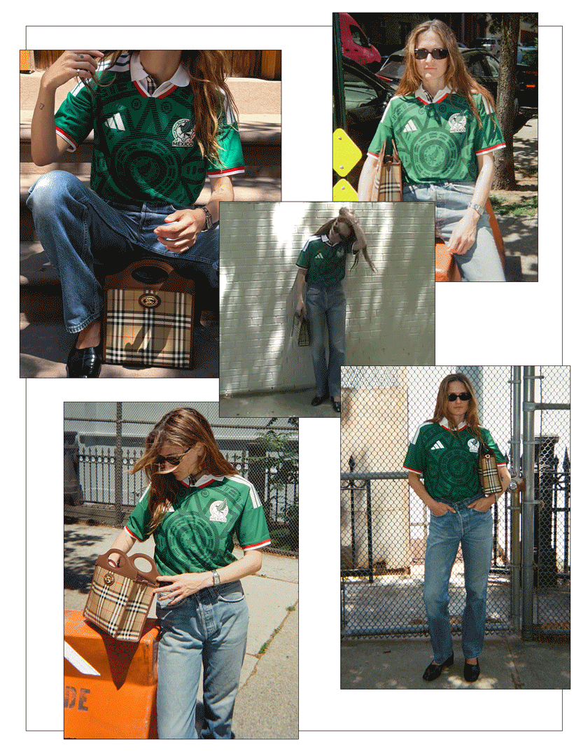 A collage of photos and videos of Eliza Huber styling the 2026 World Cup Adidas jersey for Mexico. She's wearing a jersey with vintage Levi's and a Burberry bag.