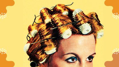 vintage picture of woman with heatless curls against a yellow background