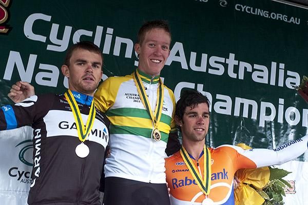 The men's elite time trial podium (l-r): Jack Bobridge (Garmin-Cervelo), Cameron Meyer (Garmin-Cervelo), and Michael Matthews (Rabobank).