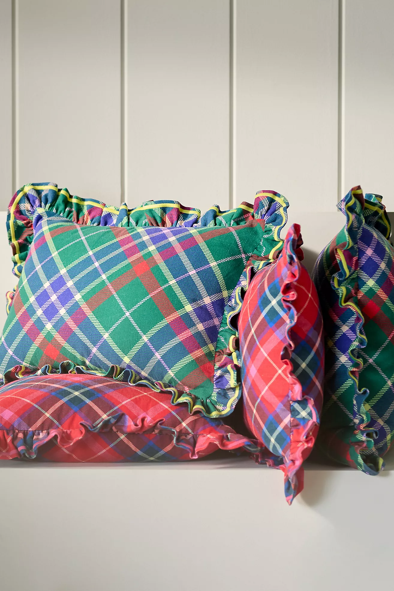Tartan Cotton Embroidered Ruffle Cushion