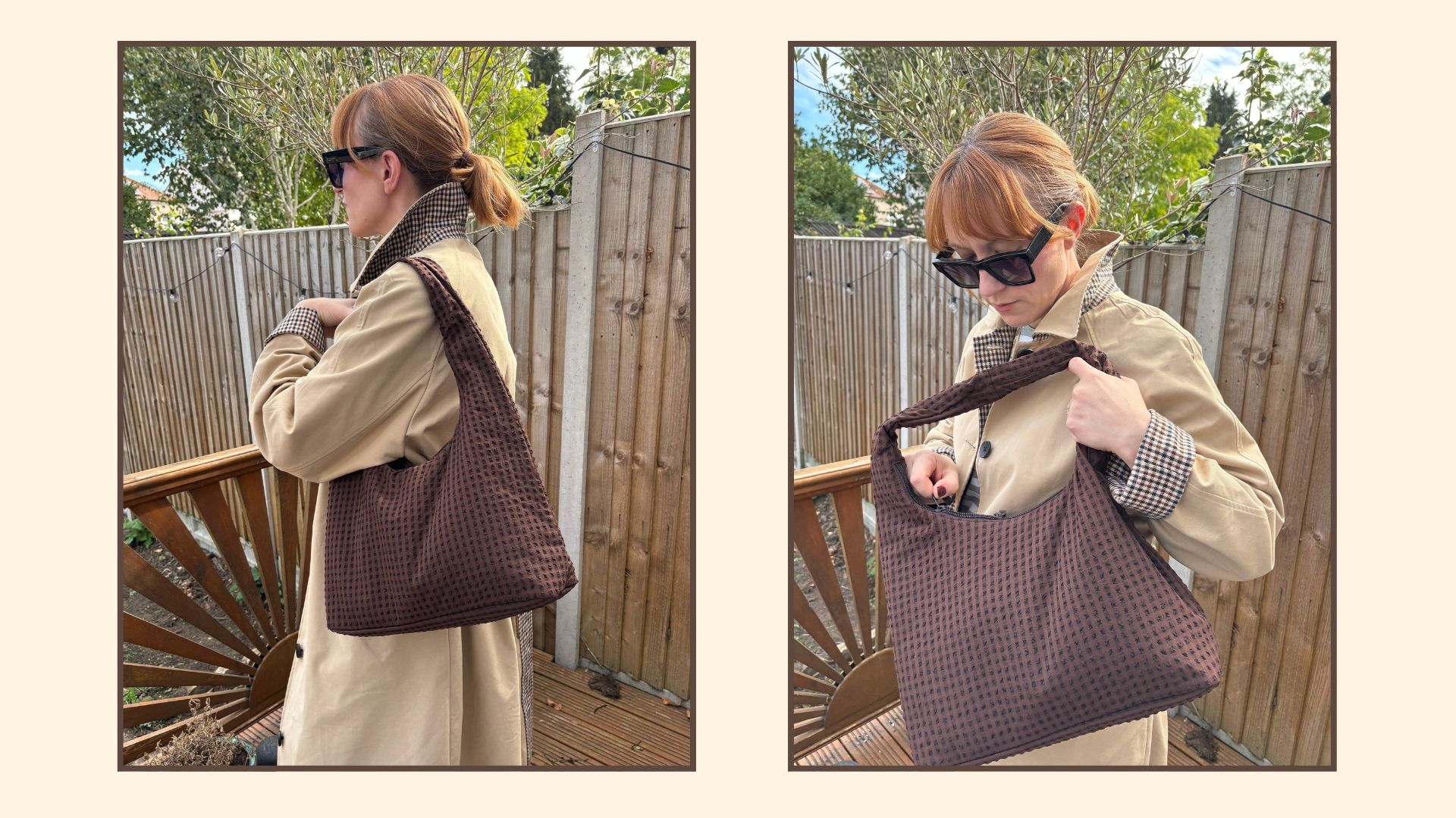 two shots of matilda holding the uniqlo shoulder bag