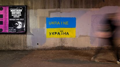The painted blue and yellow flag of Ukraine, in Leeds