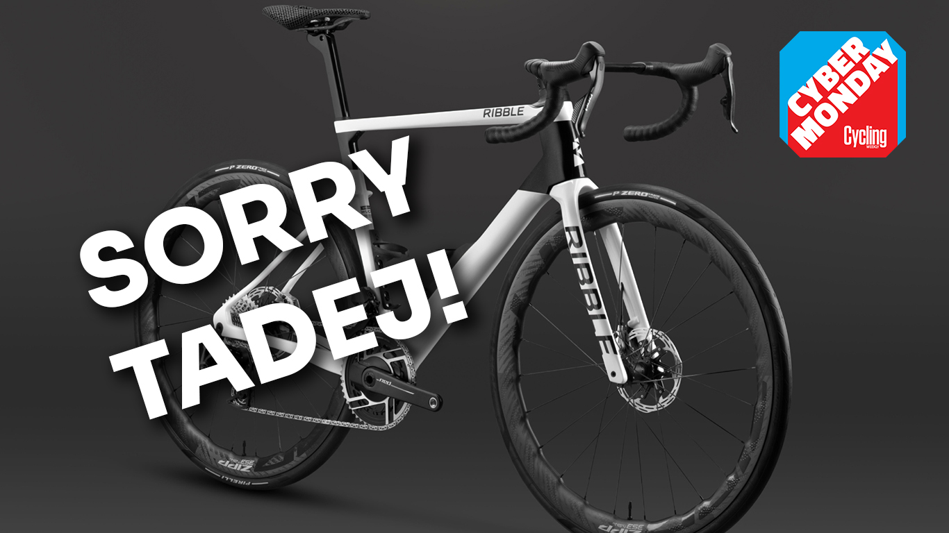 ribble bike with &#039;sorry Tadej!&#039; banner and Cyber Monday deal logo
