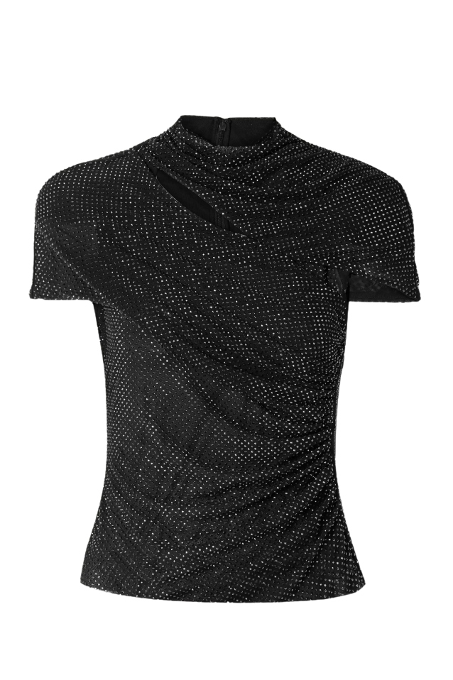 Cutout Crystal-Embellished Mesh Turtleneck Top
