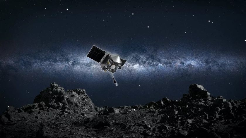 An artist&#039;s illustration of the OSIRIS-REx spacecraft poised to land on the asteroid Bennu.