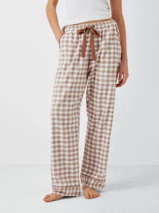 John Lewis Brushed Cotton Gingham Long Pyjama Bottoms, Ivory/toffee