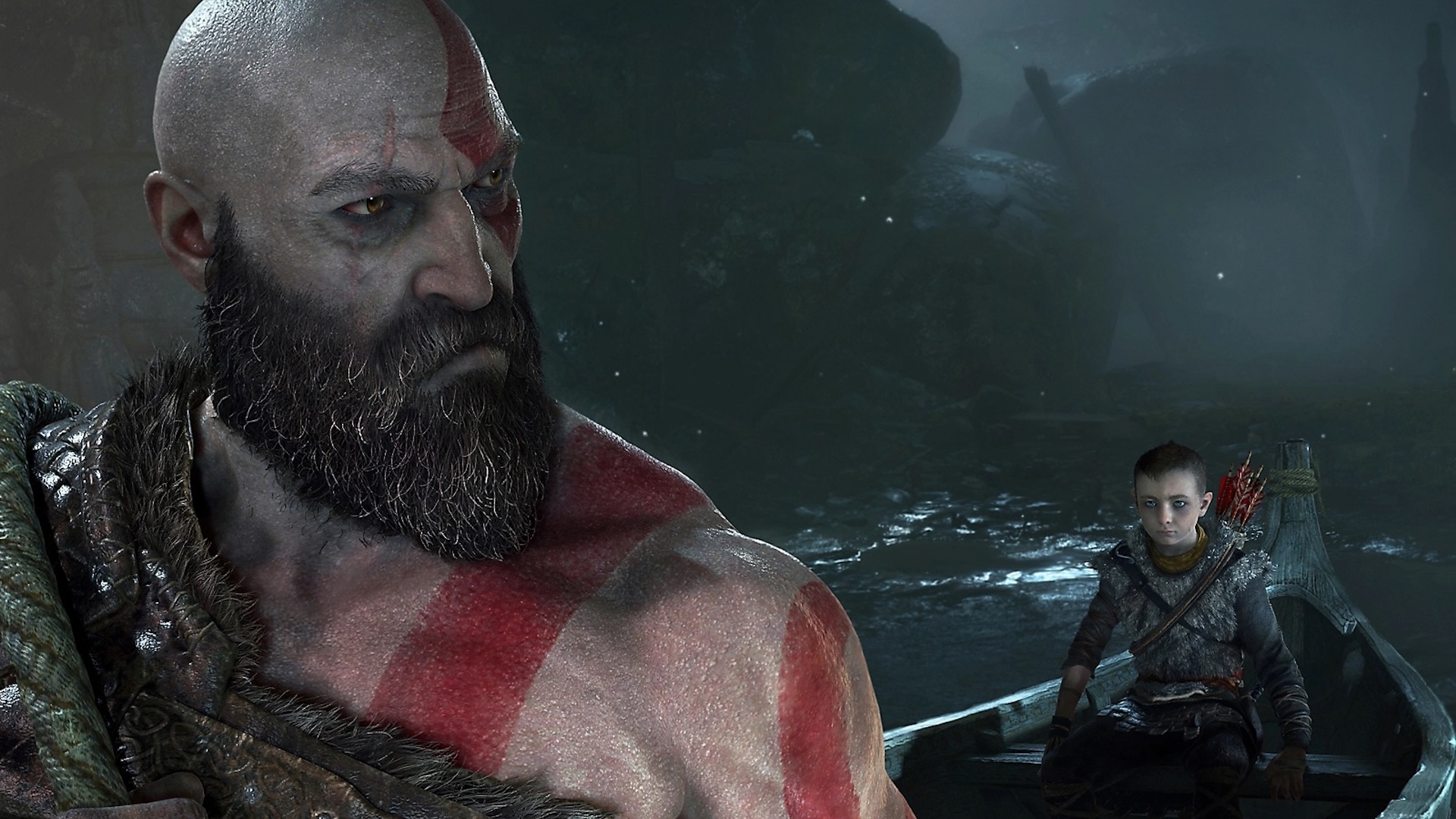 Kratos and Atreus on a boat in the first God of War games